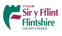 Logo of Flintshire County Council Cyngor Sir y Fflint, with stylised castle tower in dark olive green and a swash symbolising the estuary in cherry.  Welsh text is also in cherry, English text in dark olive green.