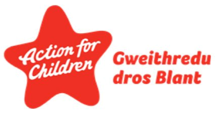 Action for Children logo.  English text Action for Children  in white joined up writing against a bright red star with rounded corners.  Welsh text Gweithredu dros Blant in red next to the star on the right.