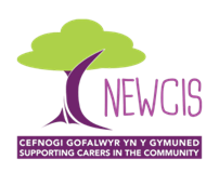 North East Wales Carers' Information Service logo. Stylised tree with purple trunk and bright green canopy.  The trunk includes a shape like a letter C.