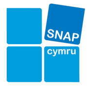 SNAP Cymru logo.  Four blue squares arranged in a square.  Top right is dark blue and tilted slightly with the word SNAP in white capitals at the bottom of it.  Other squares are the same pale blue.  The bottom right square has the word cymru in lower case white font at the top of that square.