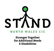 Stronger Together for Additional Needs and Disabilities Borth Wales logo.  STAND written in capitals, the central A stylised to be a stick person.