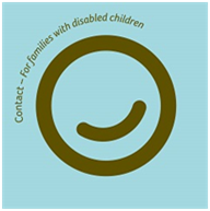 Logo of Contact is a brown circular symbol suggesting a smiley face with the words in brown font "Contact - for families with disabled children" curving around the top left of the circle.  The circular symbol and text are on a pale blue square background.