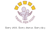 Circular logo of Ysgol Pen coch.  Around top half of the logo are 5 yellow gold bars suggesting sunshine.  Around the bottom half is the school name in warm grey colour.  In the centre is a design of cupped hands holding figures of an adult and a child , in the same warm grey.  Underneath the circular desing is the strapline "Every child.  Every chance.  Every day."